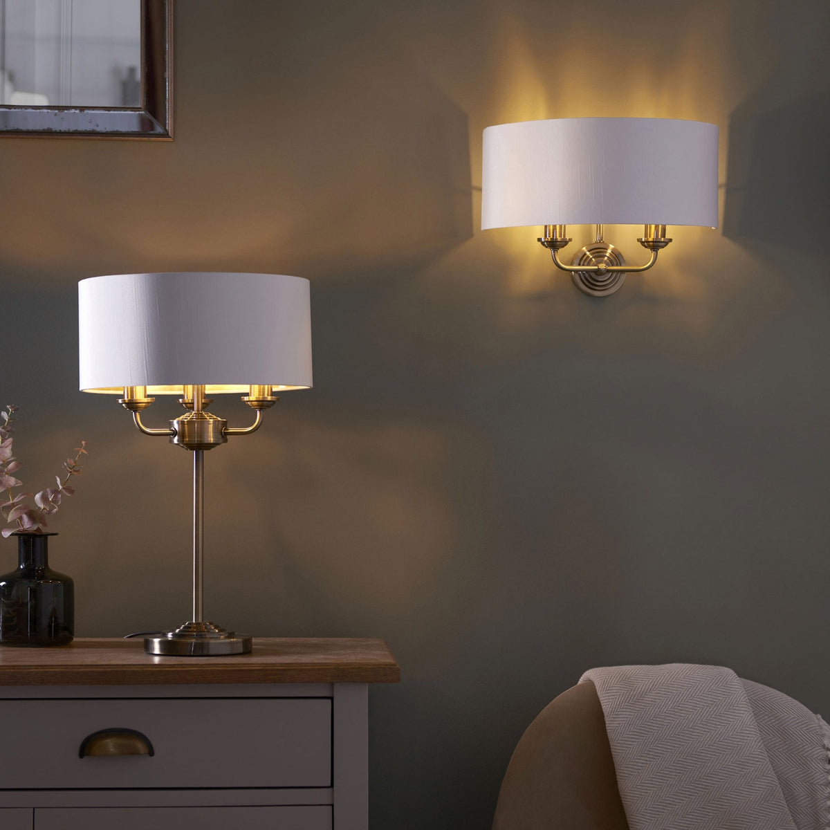 Highclere Three Light Table Lamp in Antique Brass with Vintage White Shade
