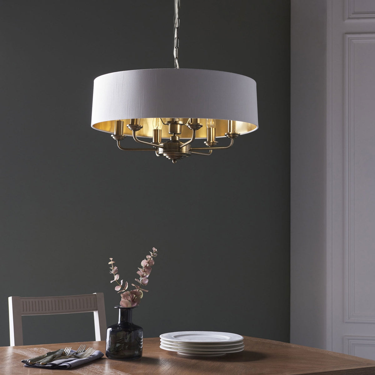 Highclere Six Light Pendant in Antique Brass with Vintage White Shade
