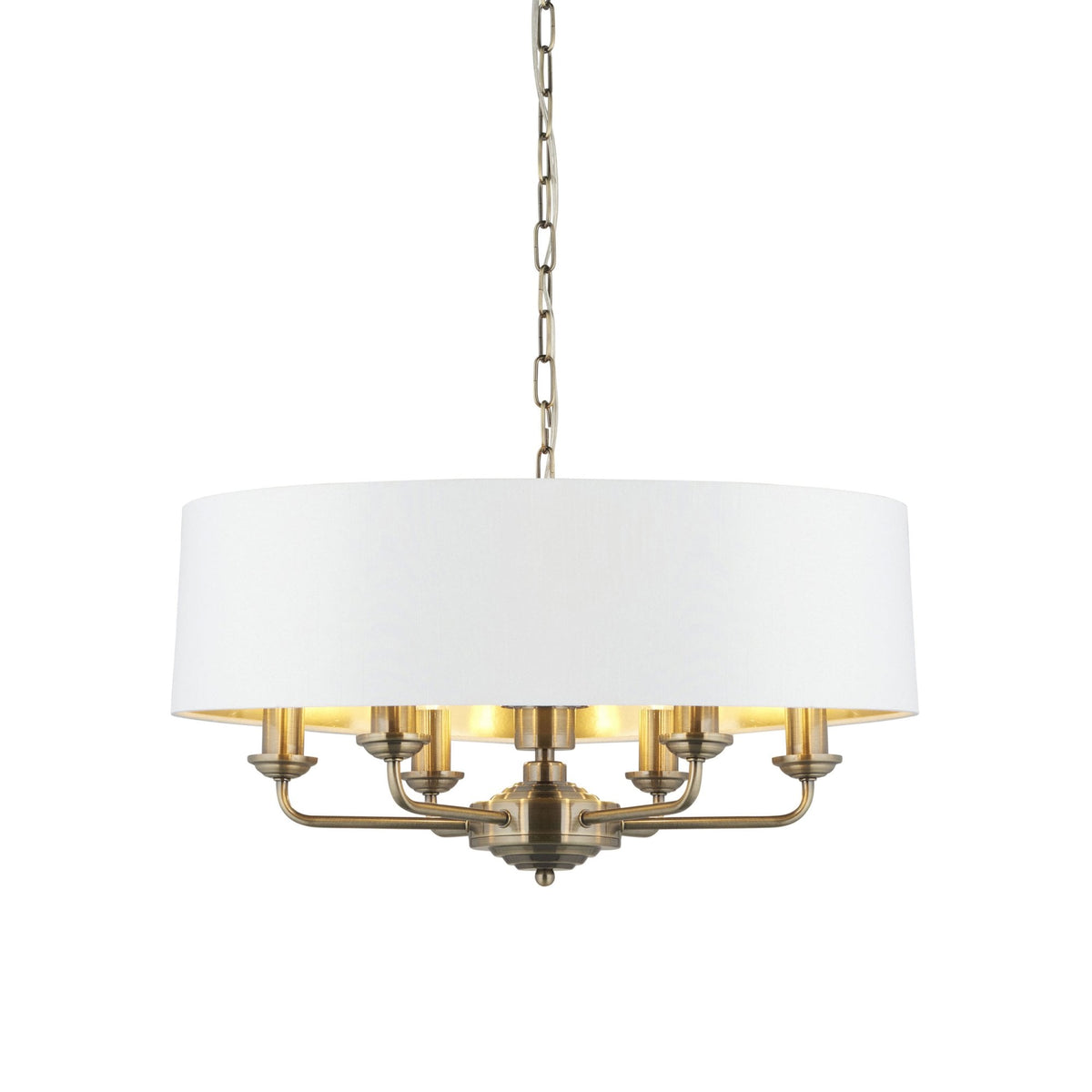 Highclere Six Light Pendant in Antique Brass with Vintage White Shade