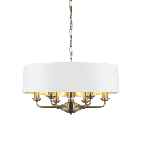 Highclere Six Light Pendant in Antique Brass with Vintage White Shade