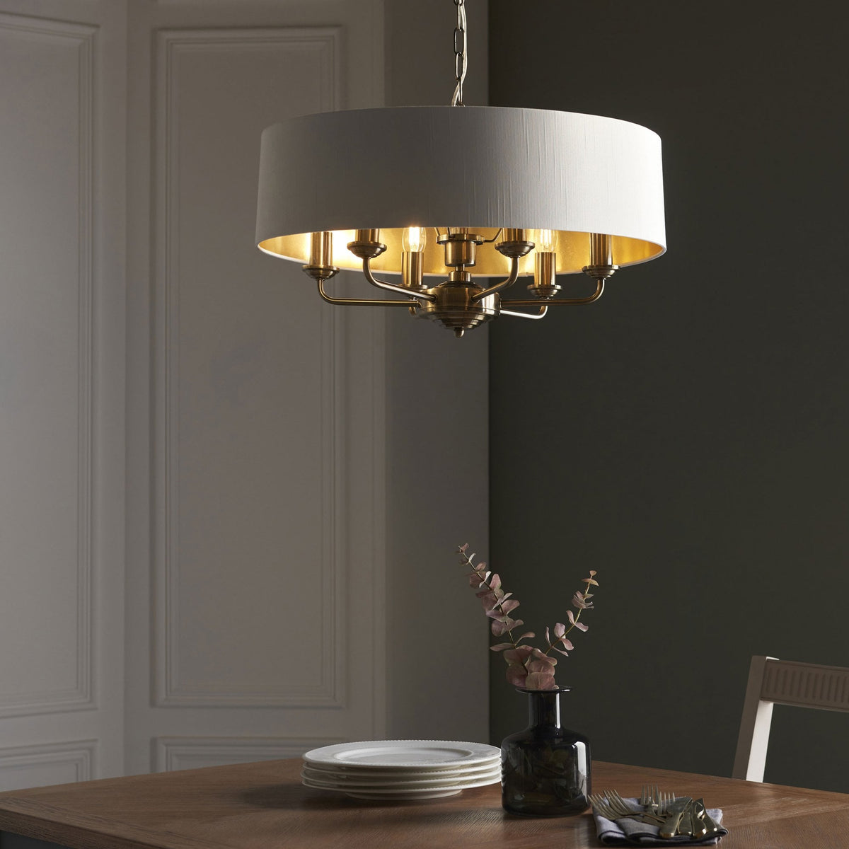 Highclere Six Light Pendant in Antique Brass with Vintage White Shade