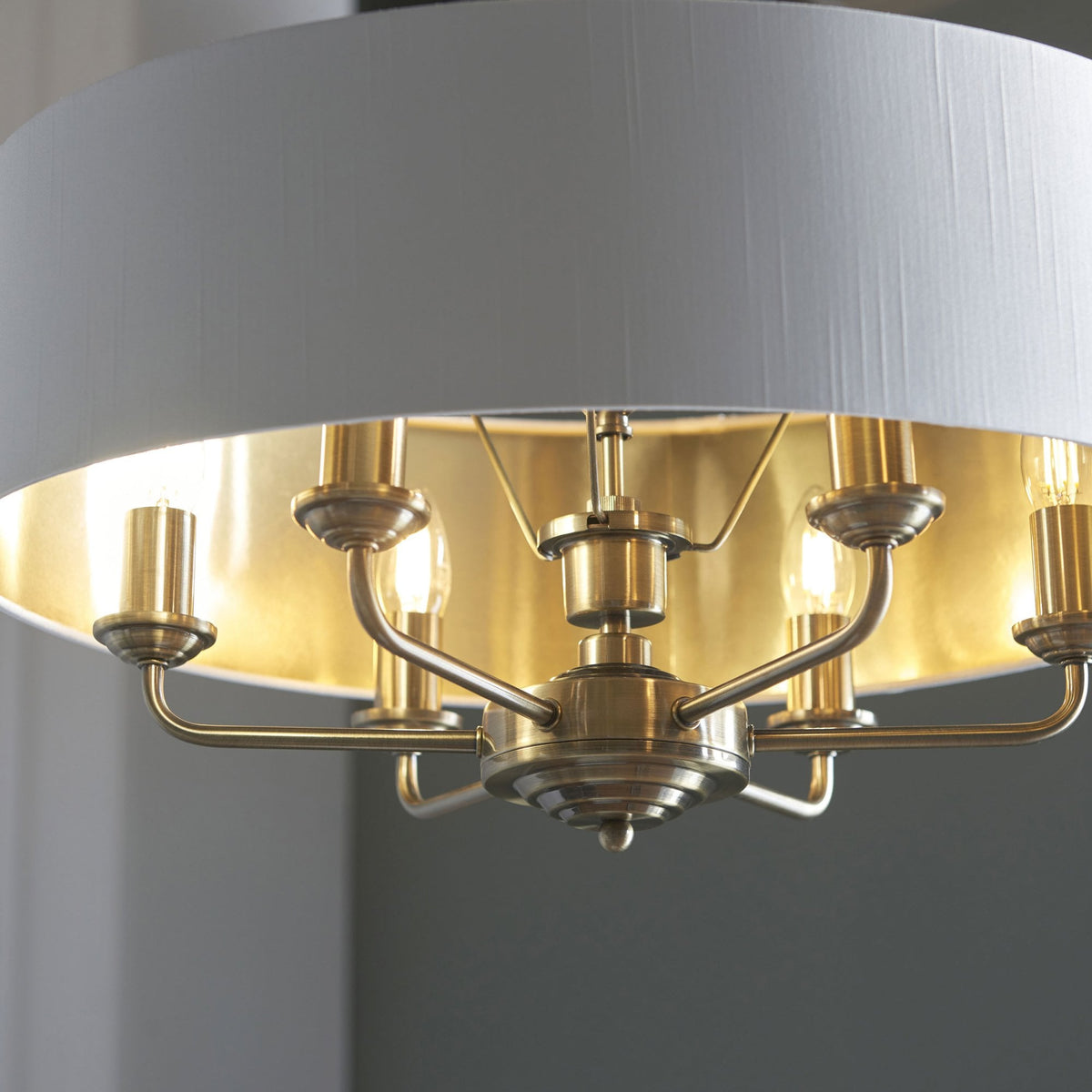 Highclere Six Light Pendant in Antique Brass with Vintage White Shade