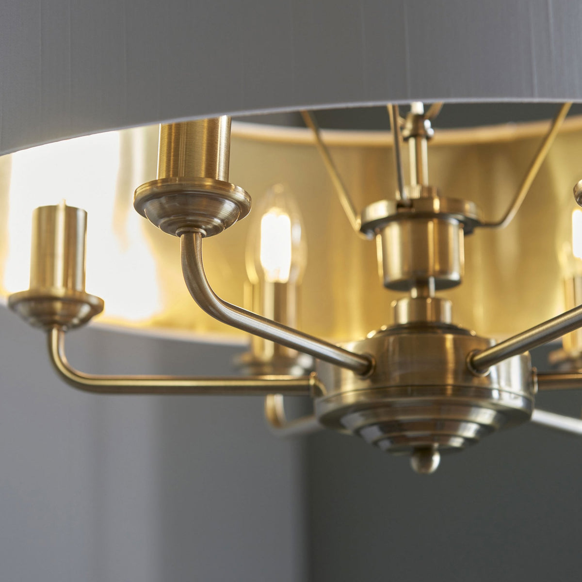 Highclere Six Light Pendant in Antique Brass with Vintage White Shade