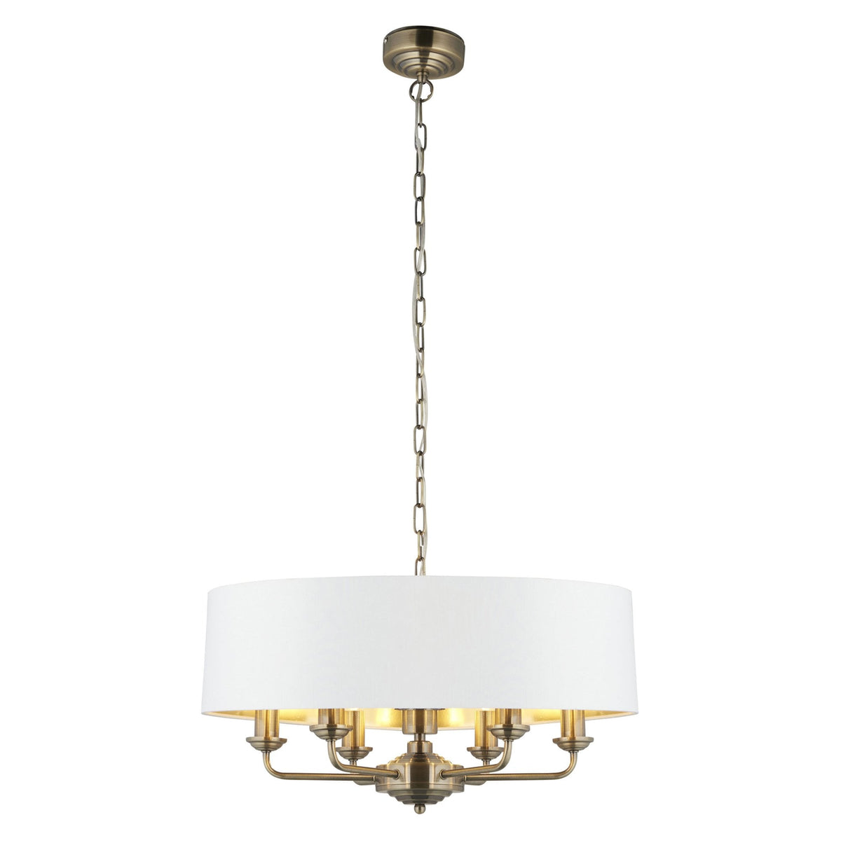 Highclere Six Light Pendant in Antique Brass with Vintage White Shade