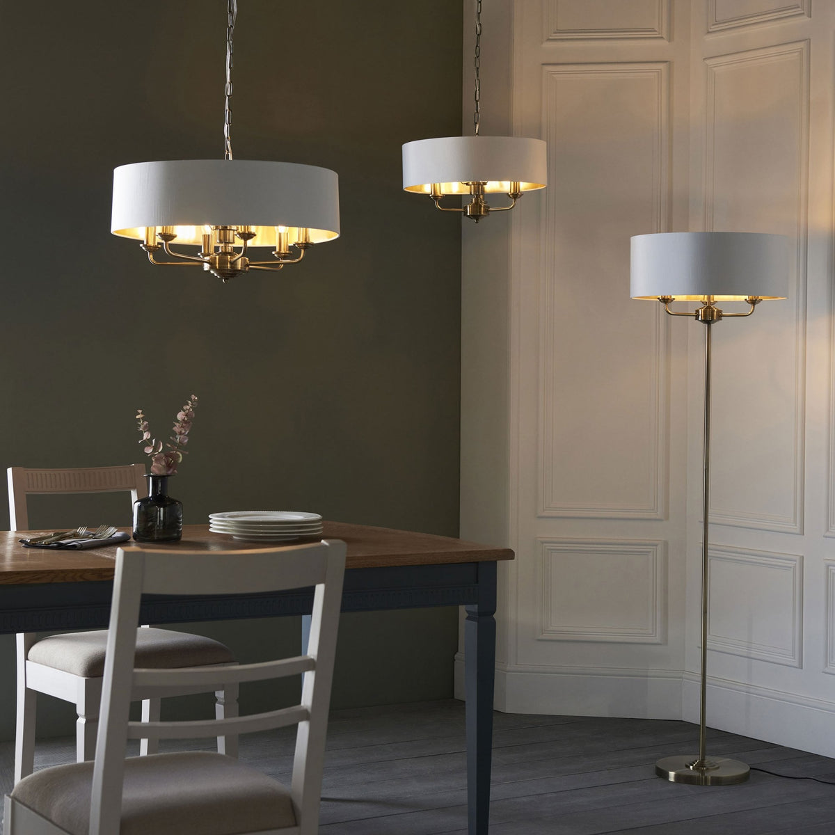 Highclere Six Light Pendant in Antique Brass with Vintage White Shade