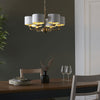 Highclere Six Arm Pendant in Antique Brass with Vintage White Shades