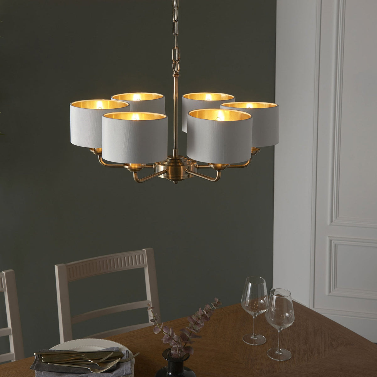 Highclere Six Arm Pendant in Antique Brass with Vintage White Shades