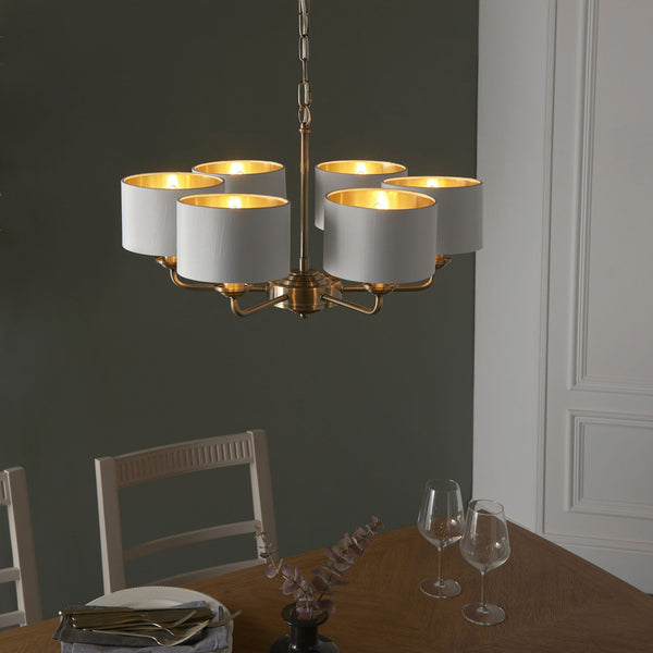 Highclere Six Arm Pendant in Antique Brass with Vintage White Shades