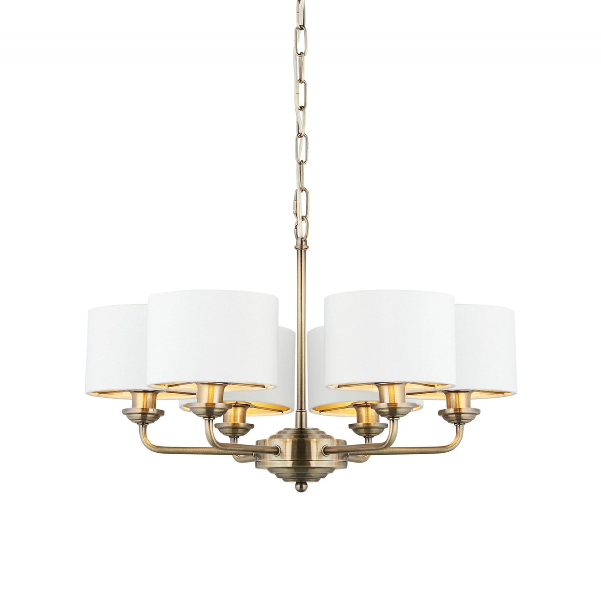 Highclere Six Arm Pendant in Antique Brass with Vintage White Shades