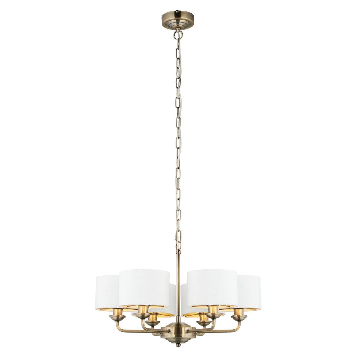 Highclere Six Arm Pendant in Antique Brass with Vintage White Shades