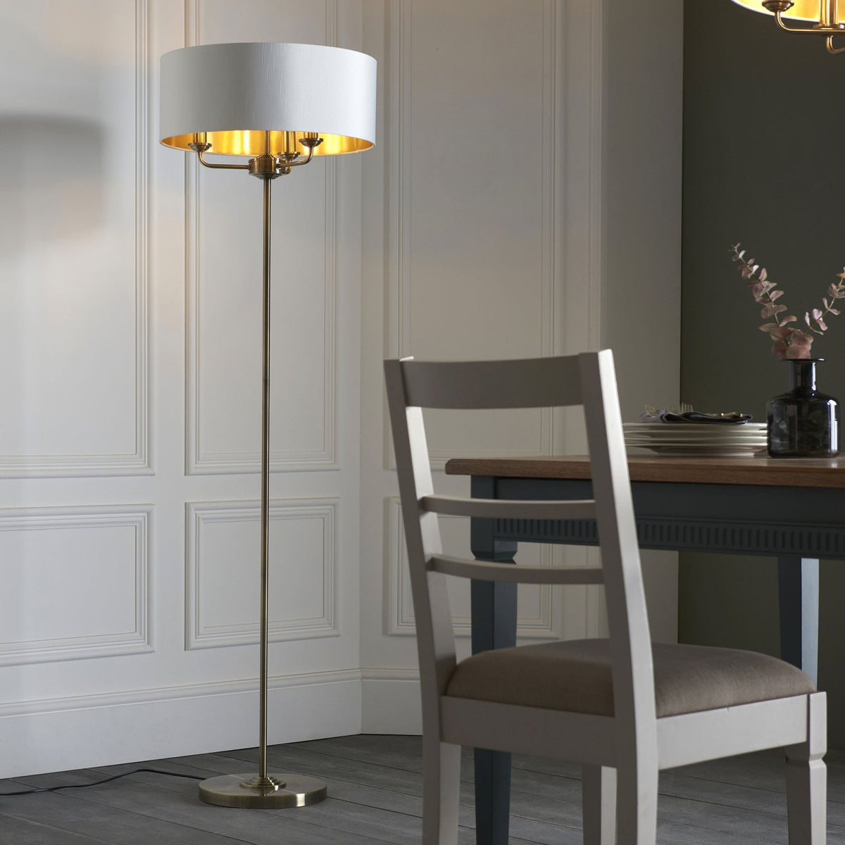 Highclere Three Light Floor Lamp in Antique Brass with Vintage White Shade