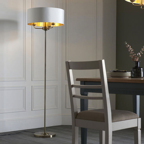 Highclere Three Light Floor Lamp in Antique Brass with Vintage White Shade