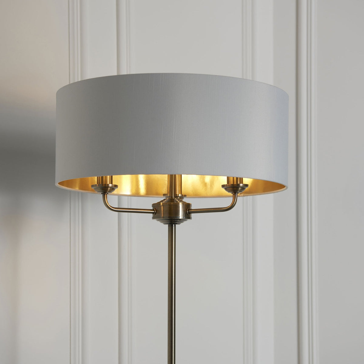 Highclere Three Light Floor Lamp in Antique Brass with Vintage White Shade