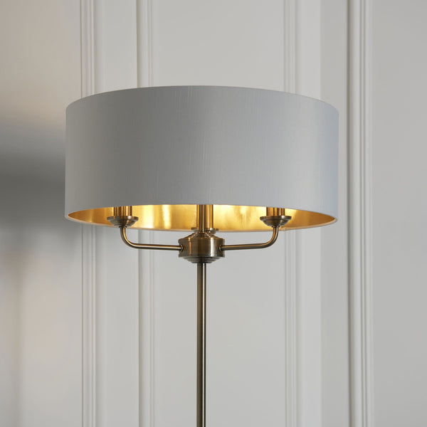 Highclere Three Light Floor Lamp in Antique Brass with Vintage White Shade