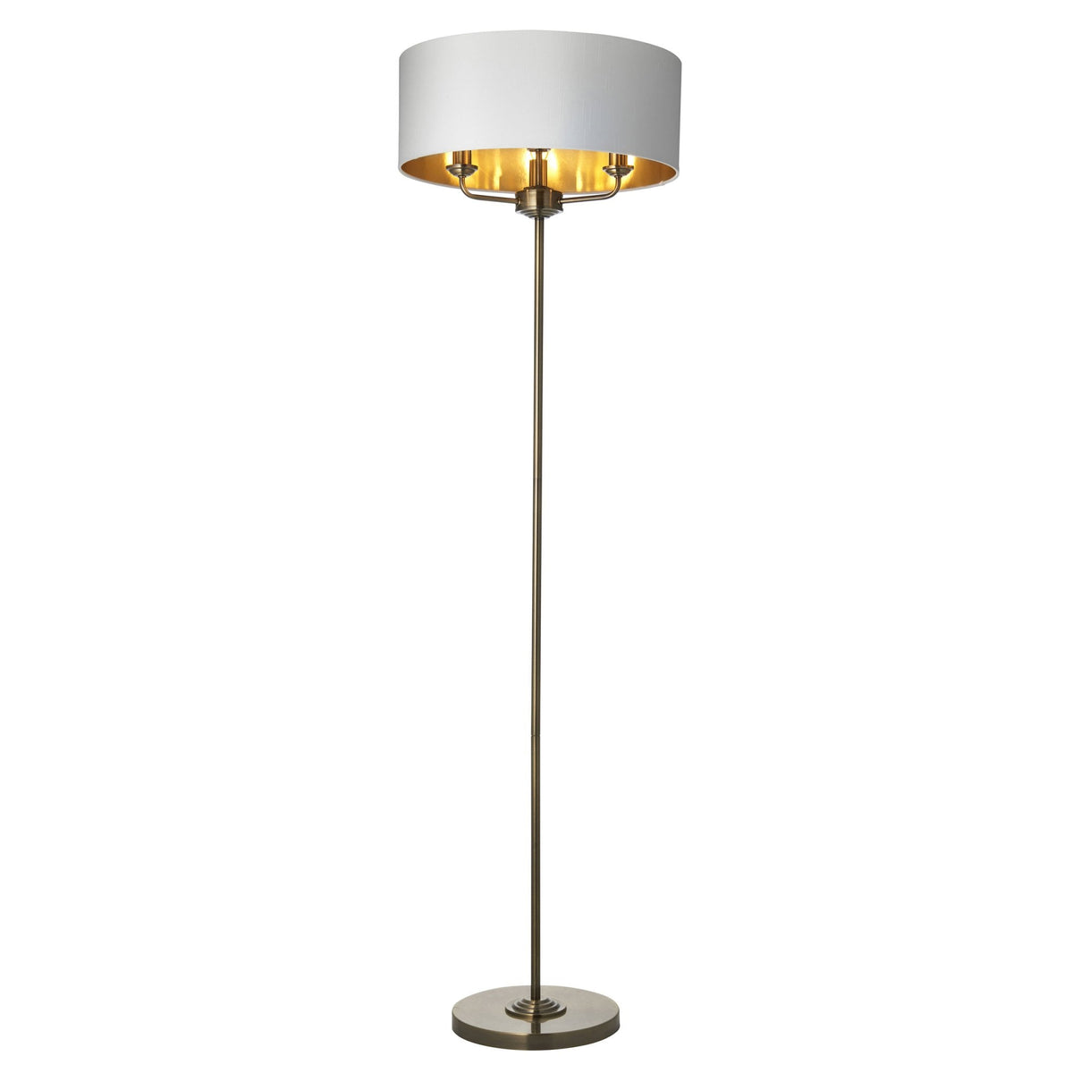Highclere Three Light Floor Lamp in Antique Brass with Vintage White Shade