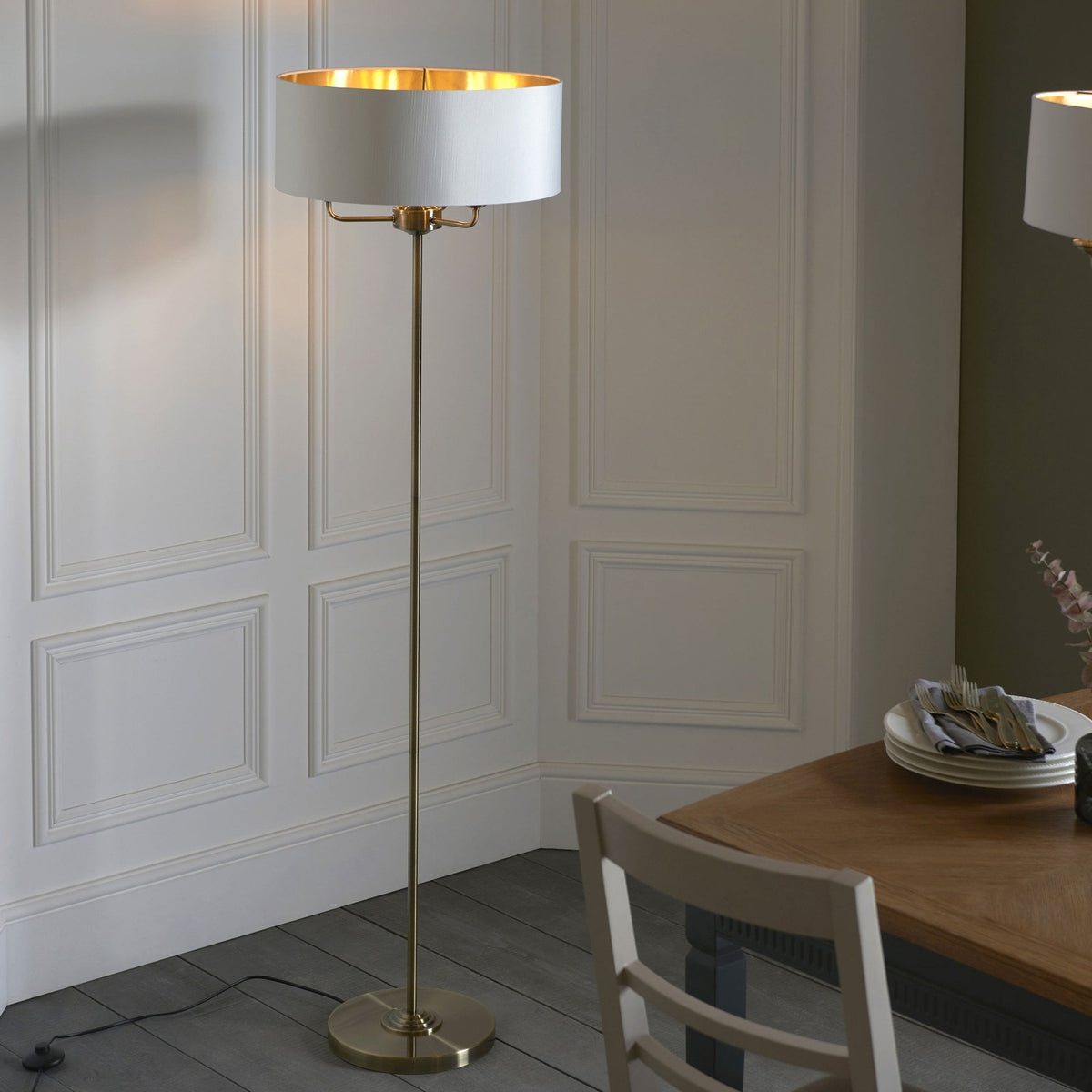 Highclere Three Light Floor Lamp in Antique Brass with Vintage White Shade