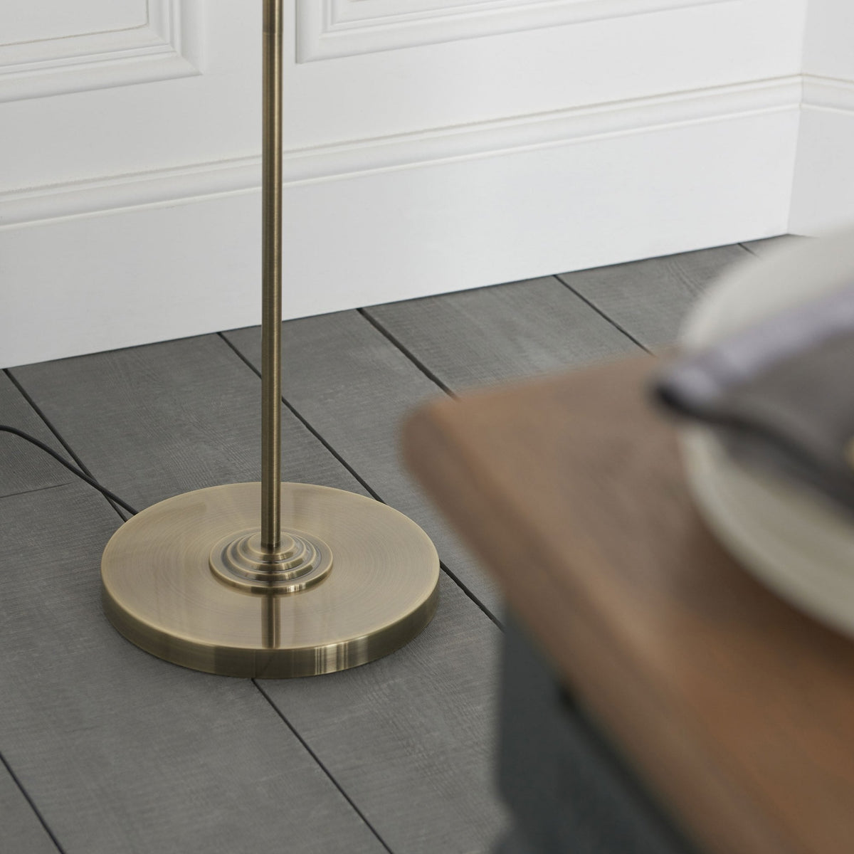 Highclere Three Light Floor Lamp in Antique Brass with Vintage White Shade