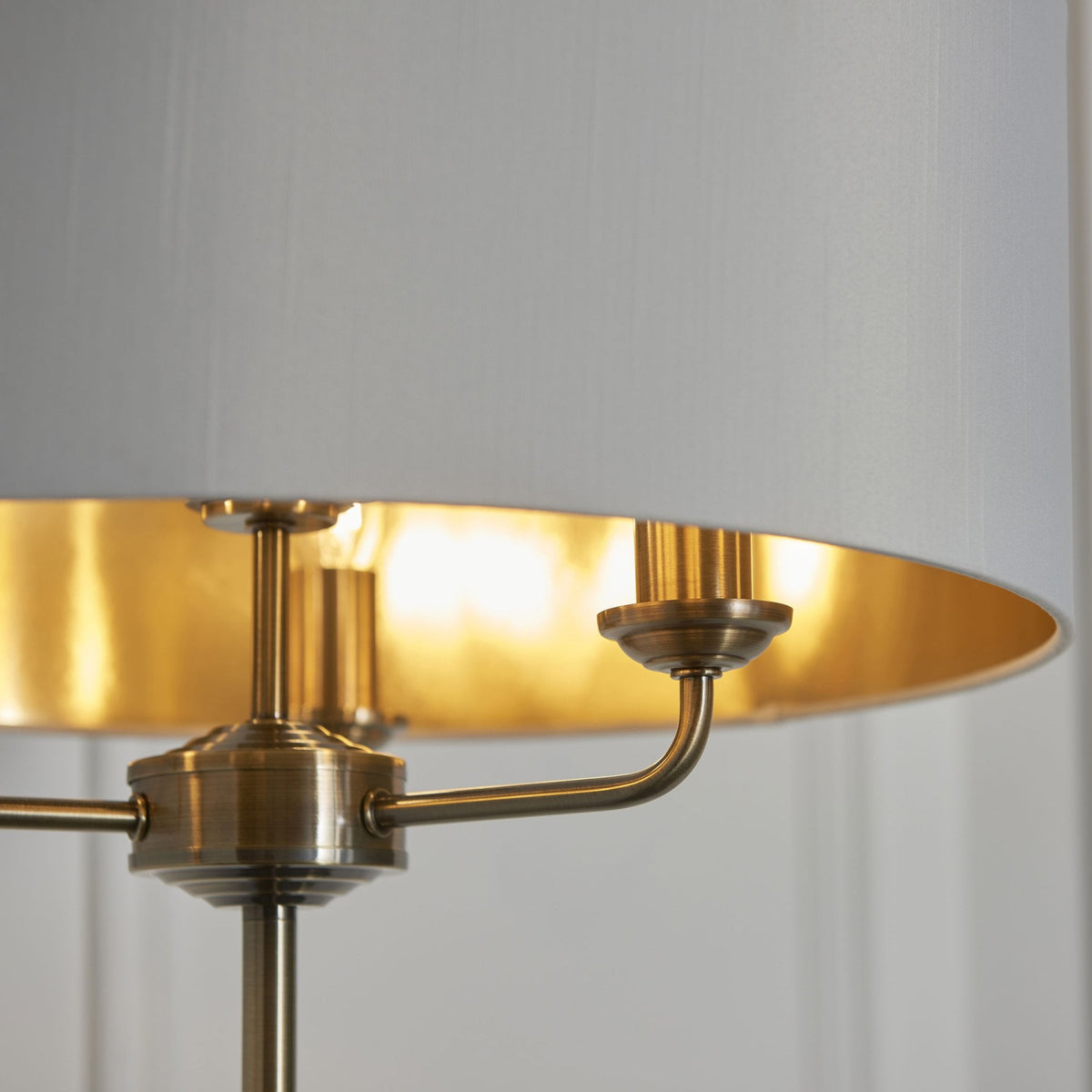 Highclere Three Light Floor Lamp in Antique Brass with Vintage White Shade