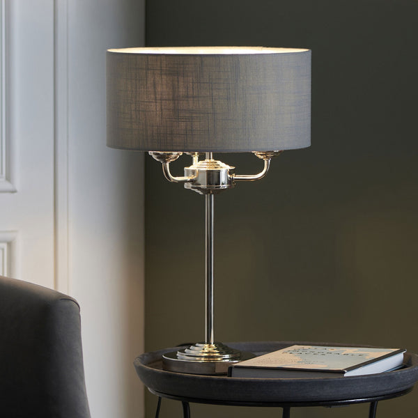 Highclere Three Light Table Lamp in Bright Nickel with Charcoal Shade