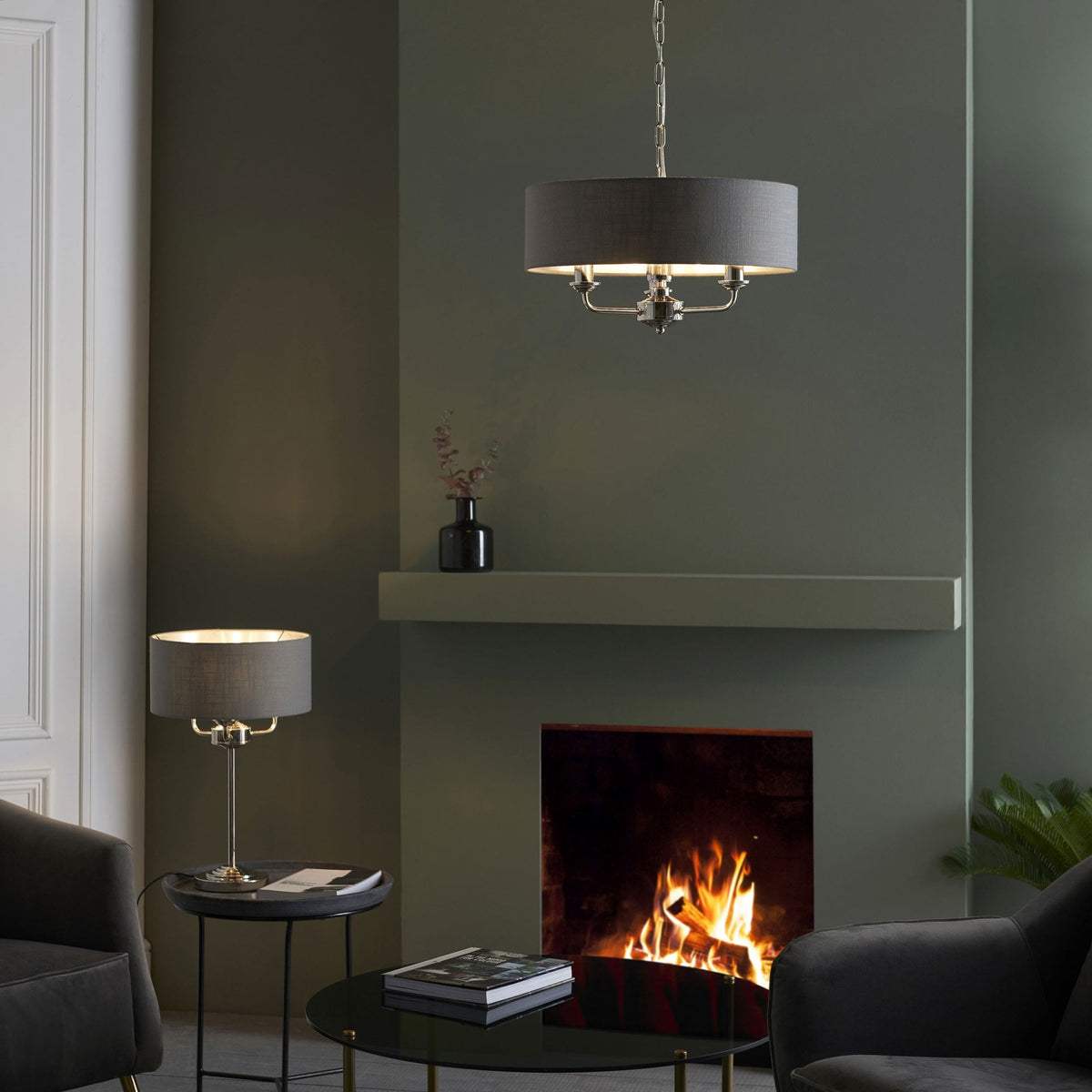 Highclere Three Light Table Lamp in Bright Nickel with Charcoal Shade