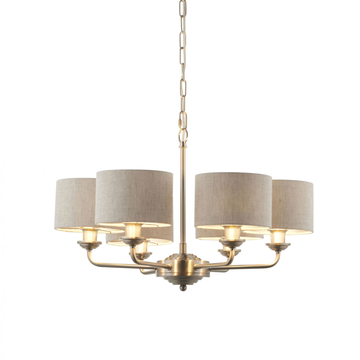 A five-light chandelier with grey fabric shades on a white background.