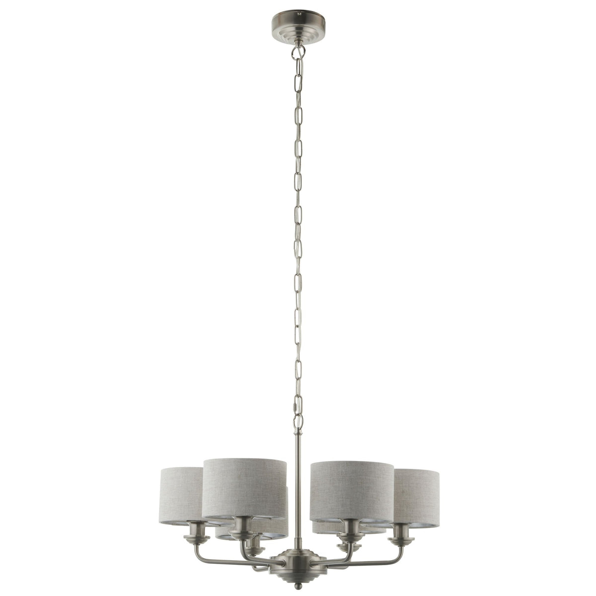 A five-light chandelier with grey fabric shades hangs from a chain on a white background.