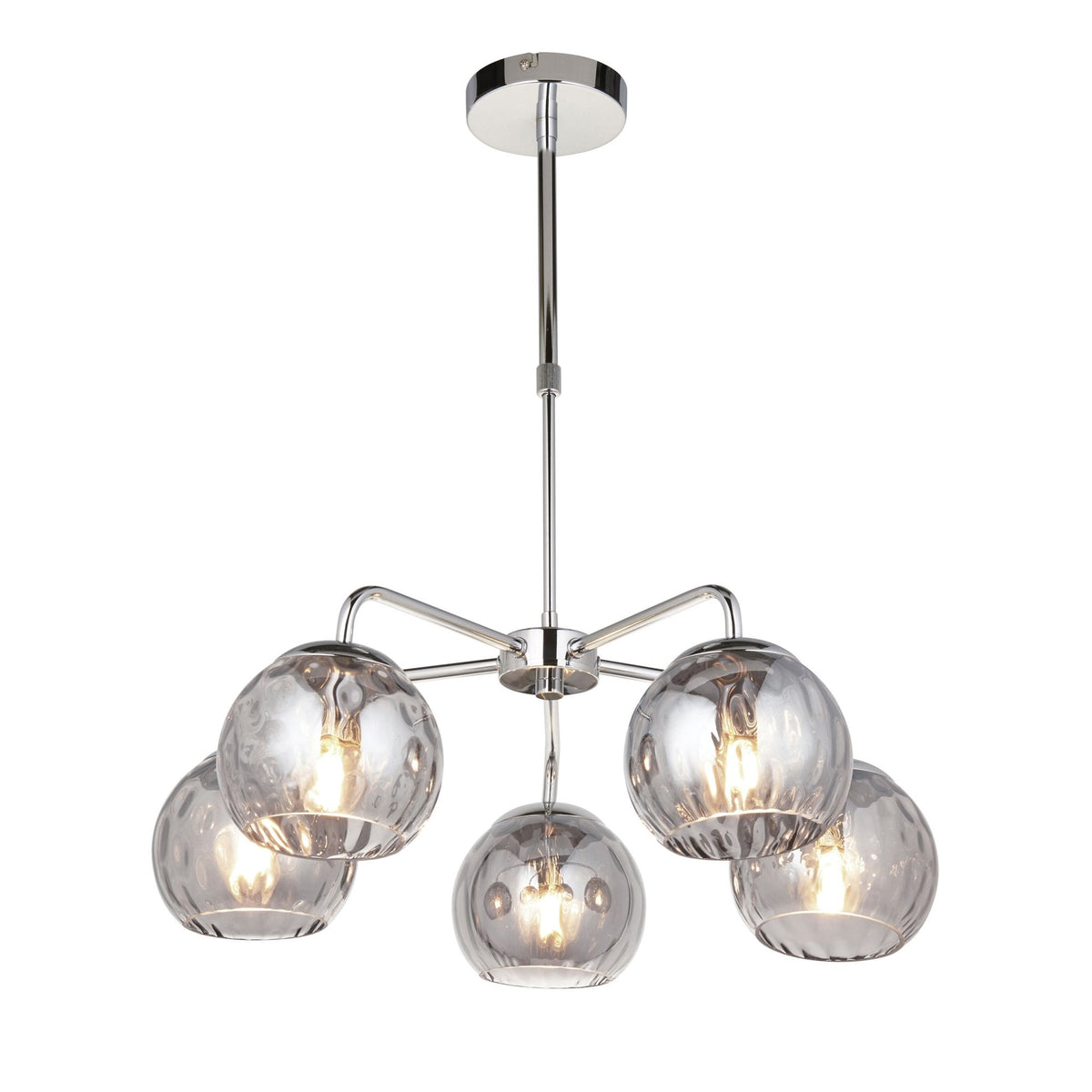 A chrome ceiling light with five clear, textured glass orb shades on a white background.
