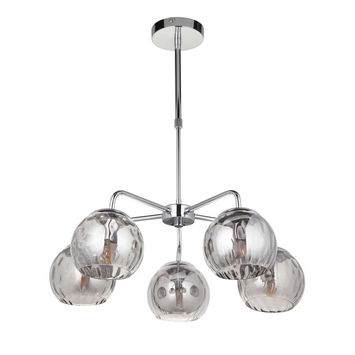 A chrome ceiling light with five clear, textured glass orb shades, isolated on a white background.