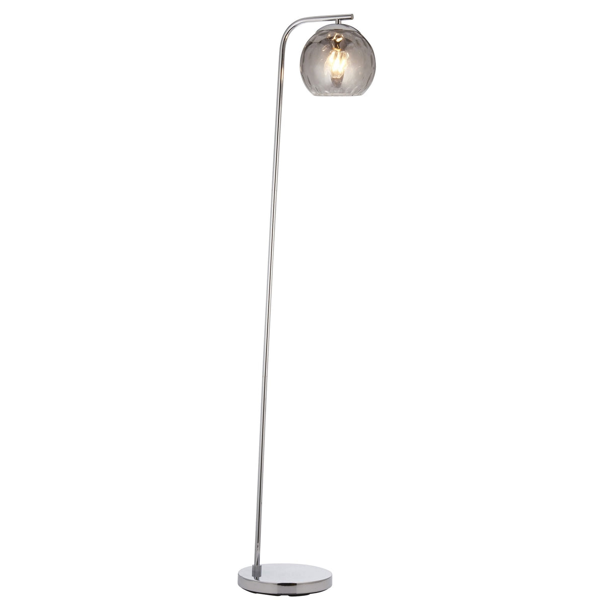 Full view of a chrome floor lamp with a round base and a smoked, textured glass shade.