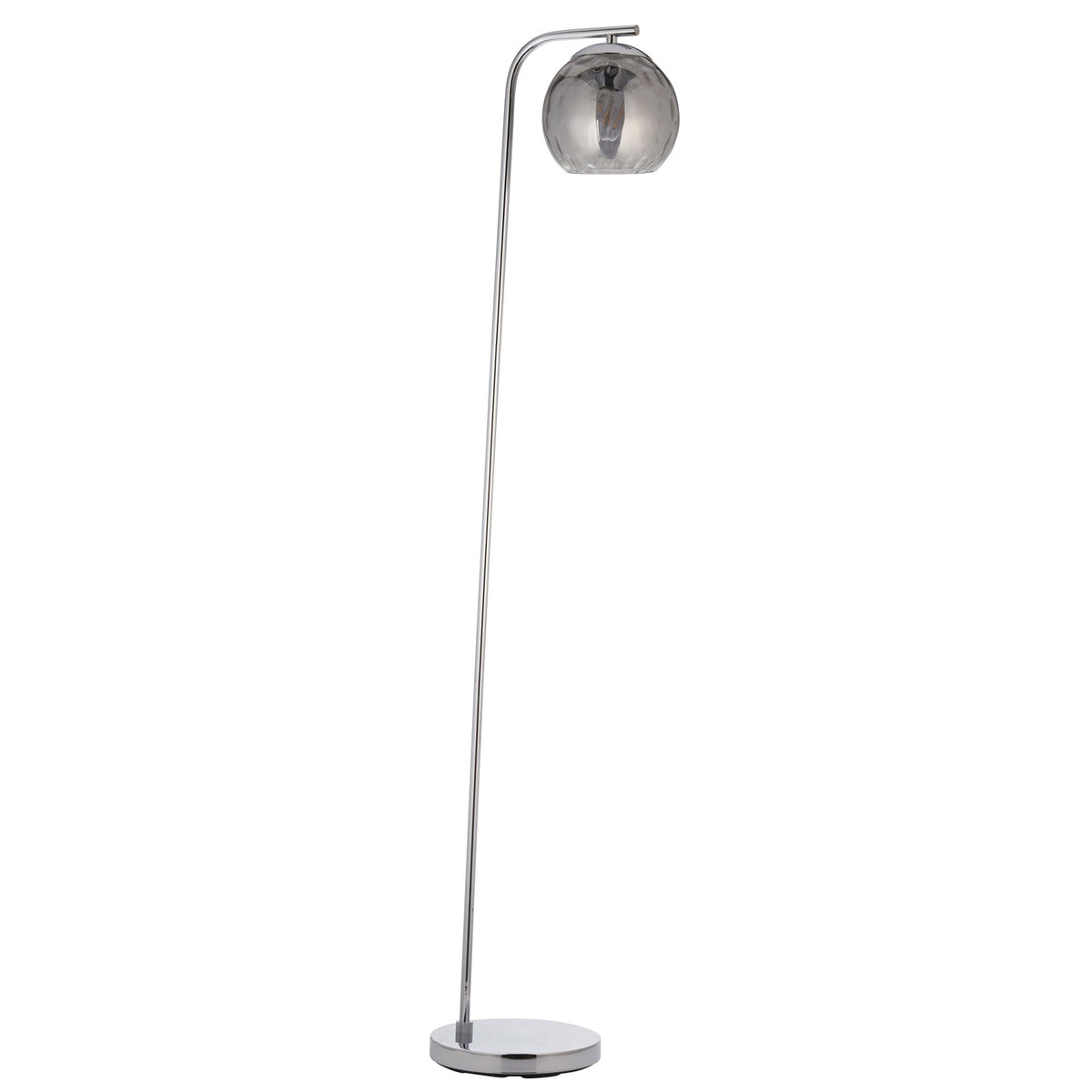 Full view of a chrome floor lamp featuring a round, stable base and a textured smoked glass globe shade.