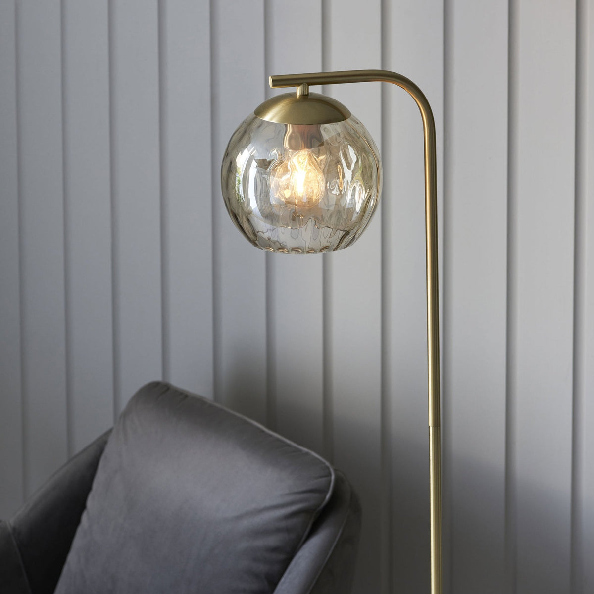 Dimple 1lt Floor Lamp in Brushed Brass & Champagne Lustre Glass
