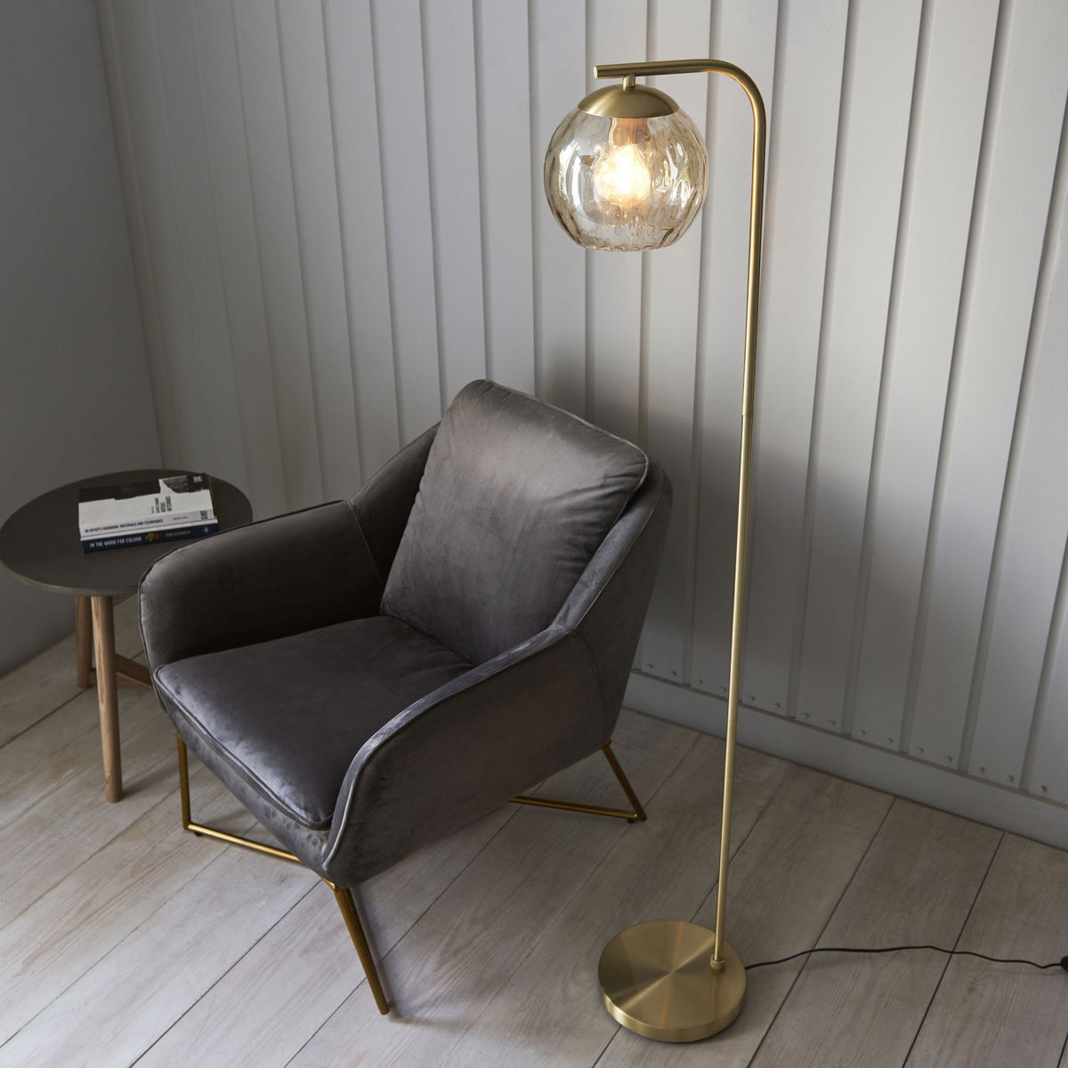 Dimple 1lt Floor Lamp in Brushed Brass & Champagne Lustre Glass