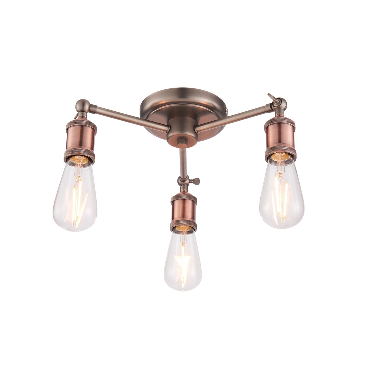 Three-light semi-flush ceiling fixture with antique copper bulb holders on a white background.