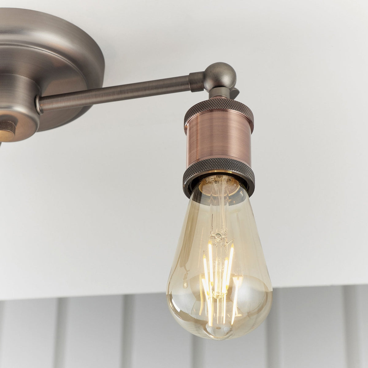 Close-up of a single light on a semi-flush ceiling fixture with an antique copper bulb holder.