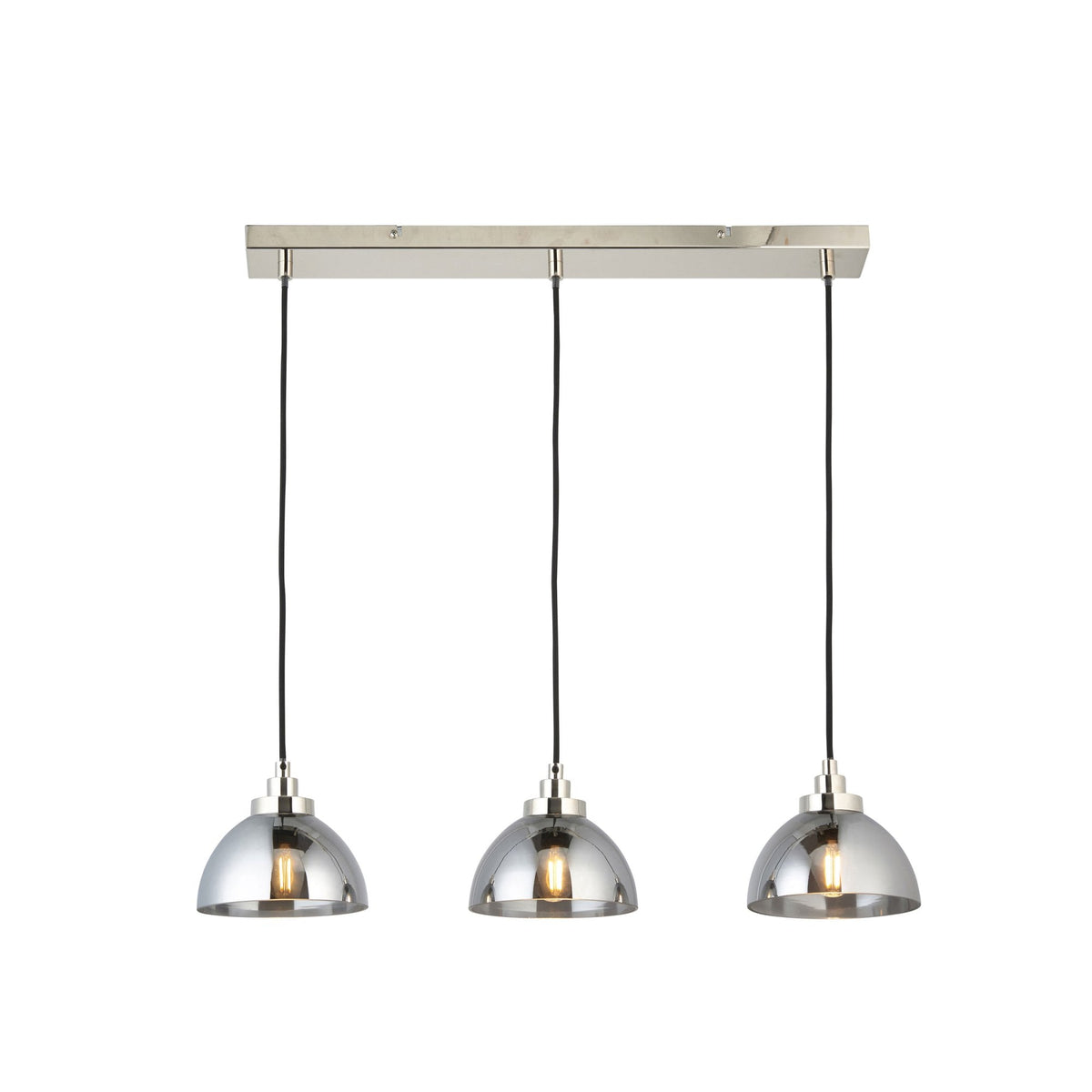Caspa Triple Linear Pendant in Bright Nickel and Smokey Mirror Glass