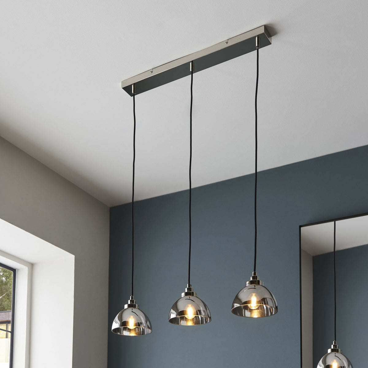Caspa Triple Linear Pendant in Bright Nickel and Smokey Mirror Glass