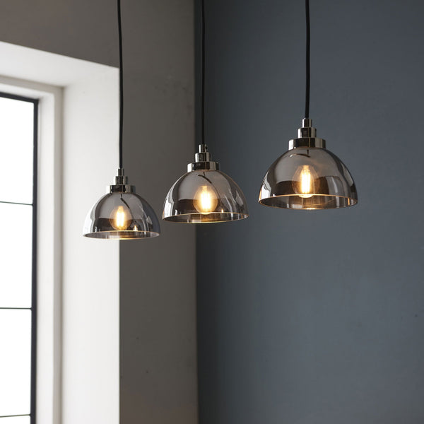 Caspa Triple Linear Pendant in Bright Nickel and Smokey Mirror Glass
