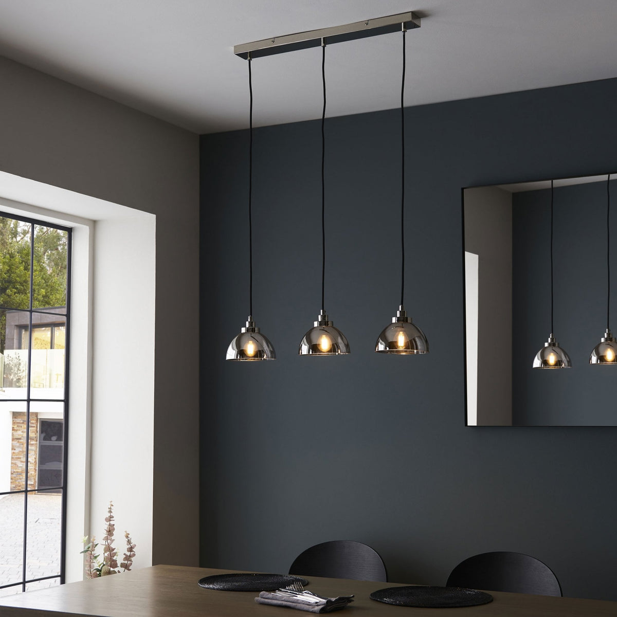 Caspa Triple Linear Pendant in Bright Nickel and Smokey Mirror Glass