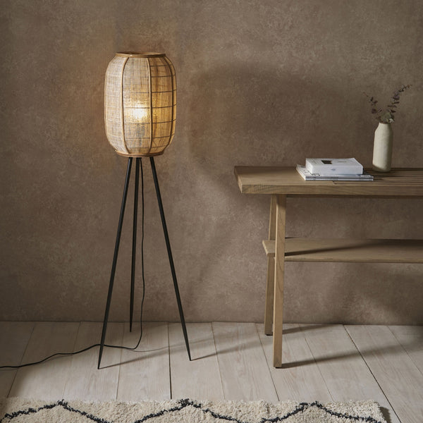 Zaire Handmade Floor Lamp in Wood and Natural Linen