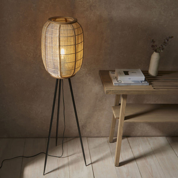 Zaire Handmade Floor Lamp in Wood and Natural Linen