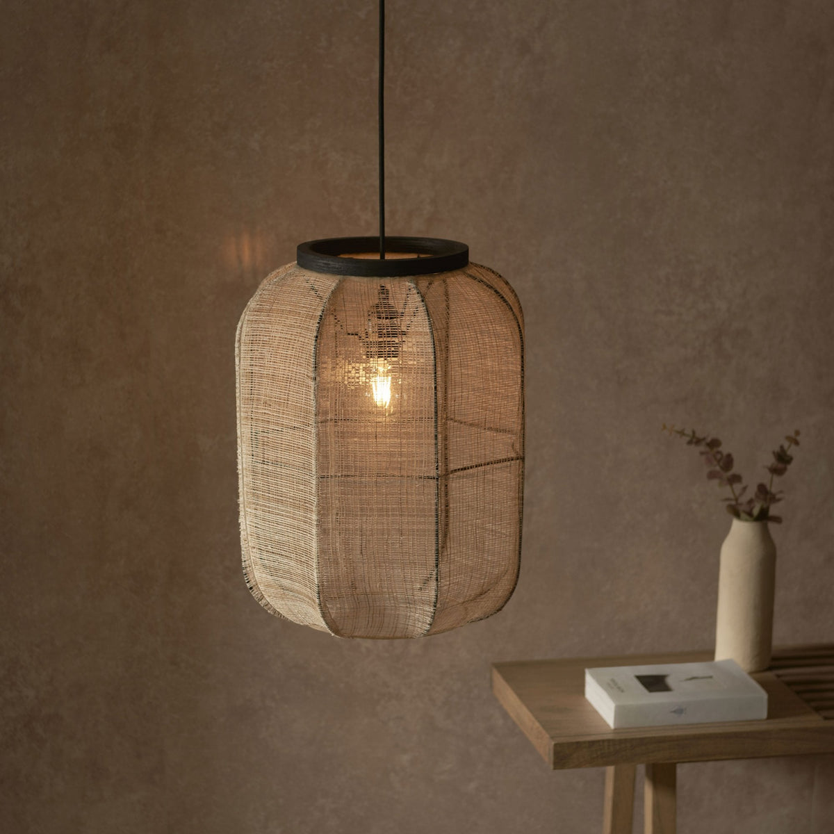 Zaire Handmade Medium Pendant in Wood and Natural Linen