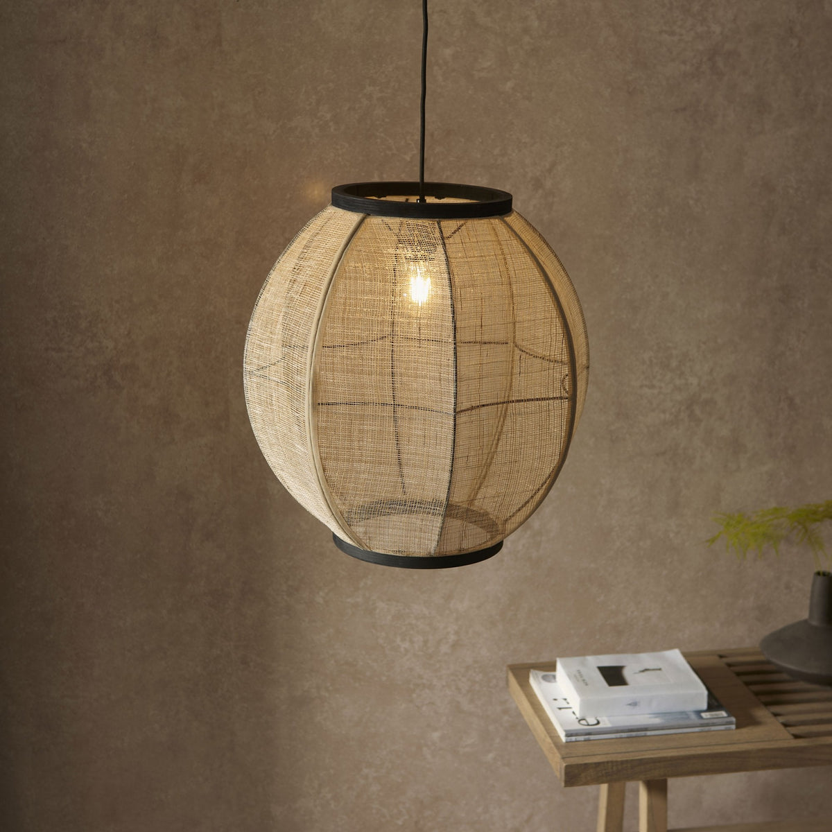 Zaire Handmade Large Pendant in Wood and Natural Linen