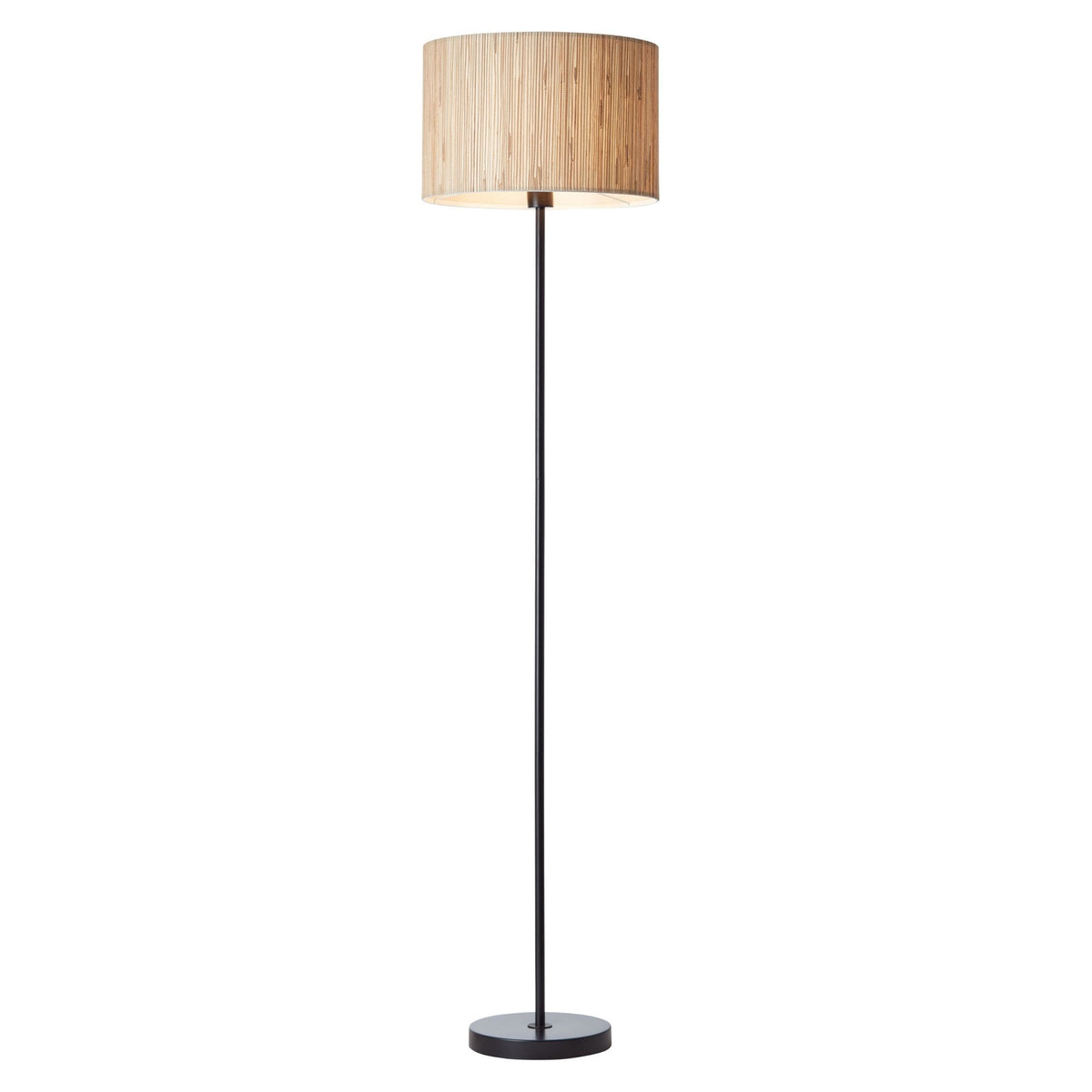 A tall, slender floor lamp with a natural woven cylindrical shade and a black base on a white background.