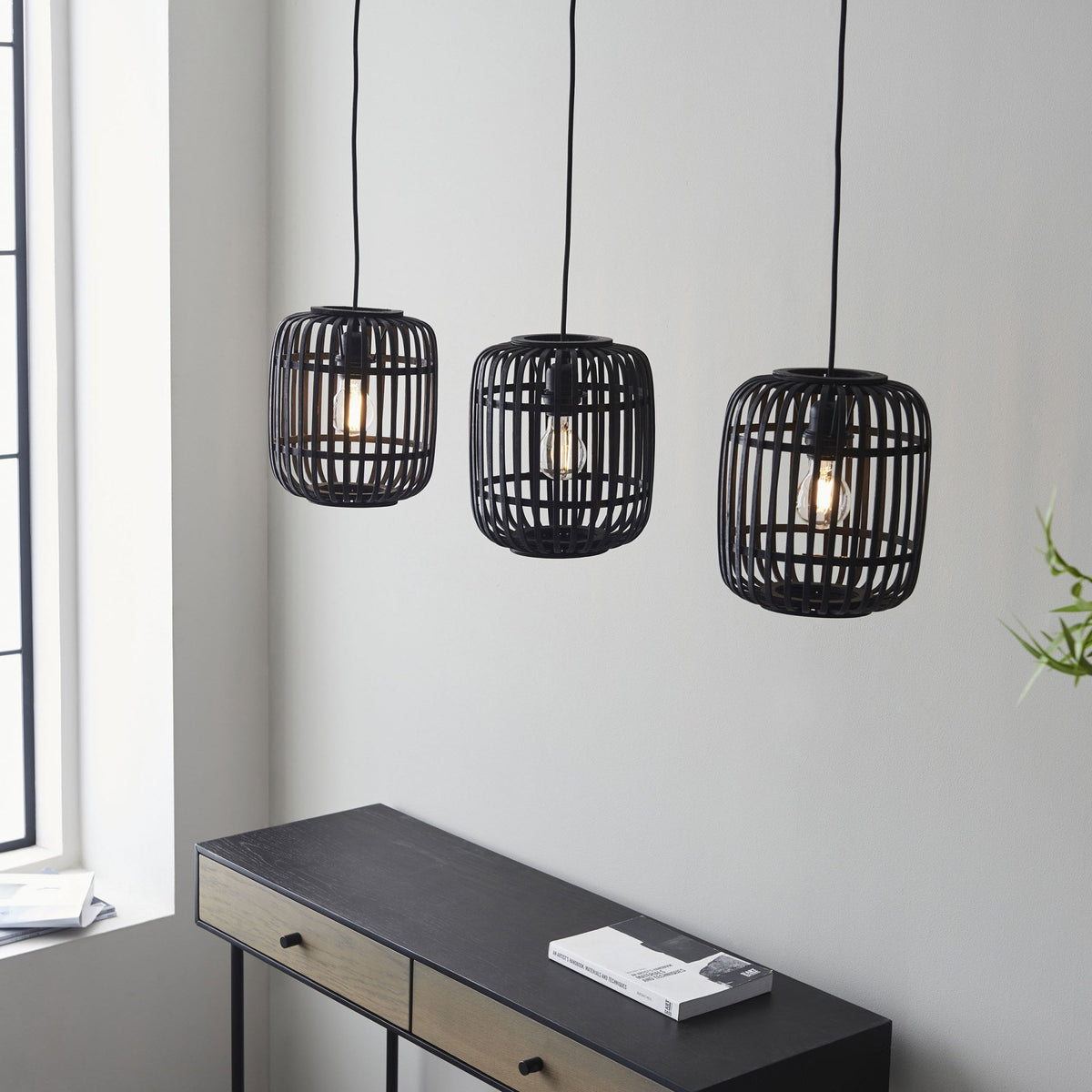 Mathias Triple Drop Linear Pendant with Dark Bamboo Cages