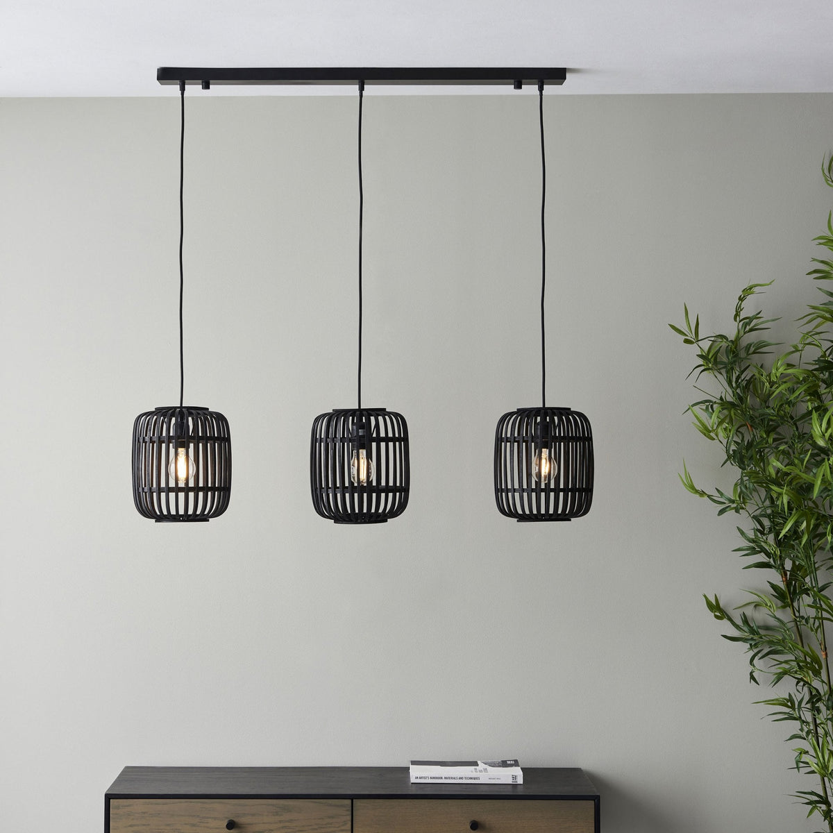 Mathias Triple Drop Linear Pendant with Dark Bamboo Cages