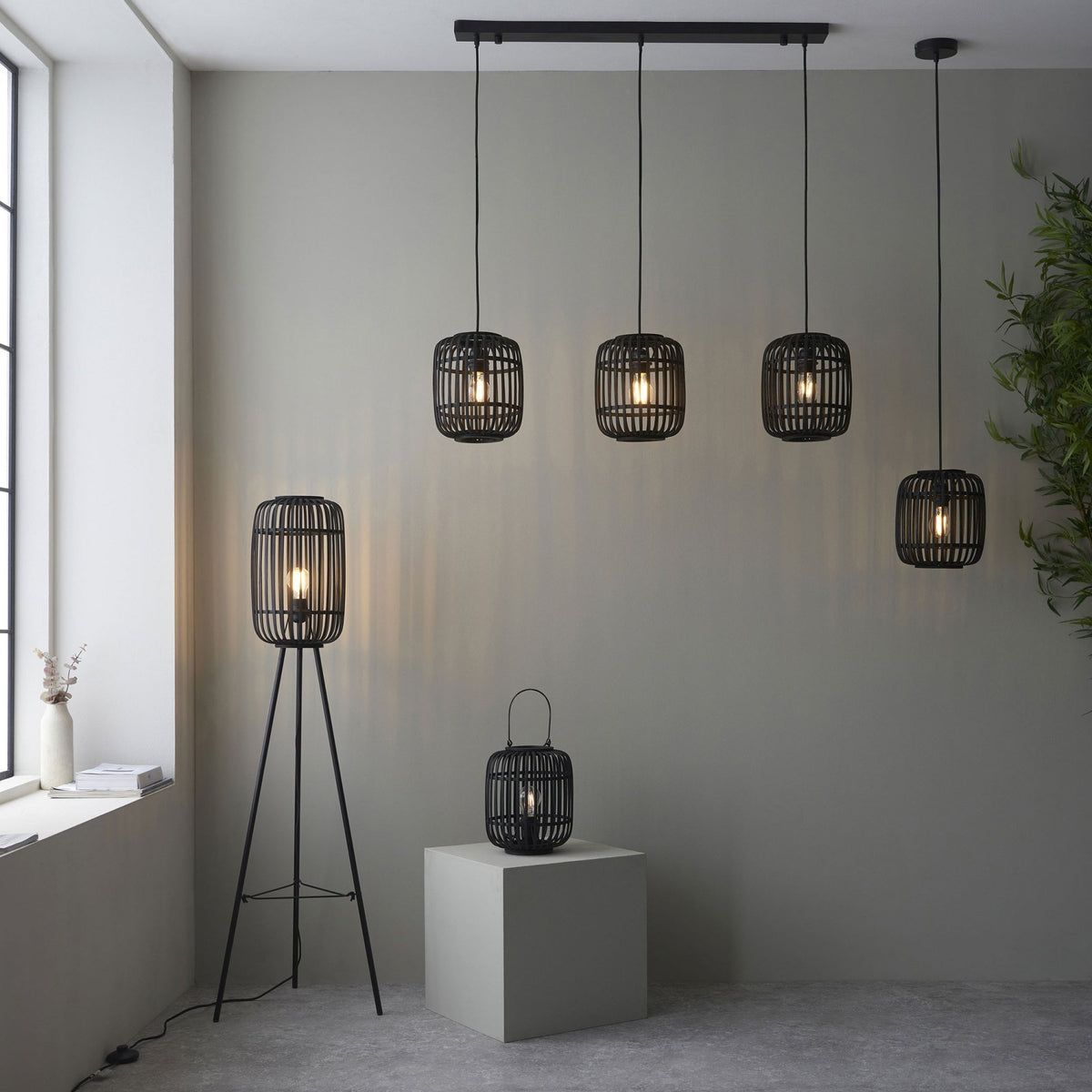 Mathias Triple Drop Linear Pendant with Dark Bamboo Cages