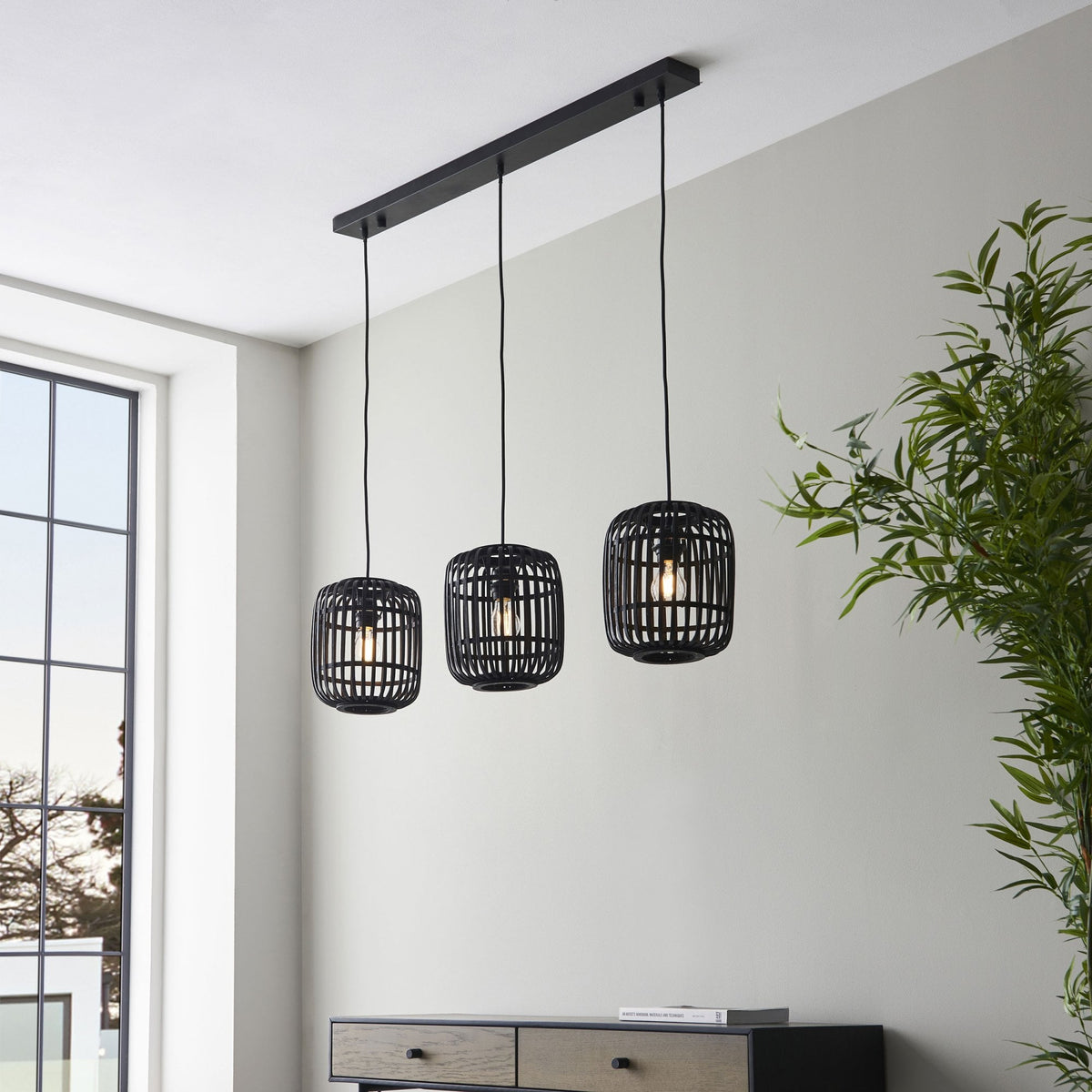 Mathias Triple Drop Linear Pendant with Dark Bamboo Cages