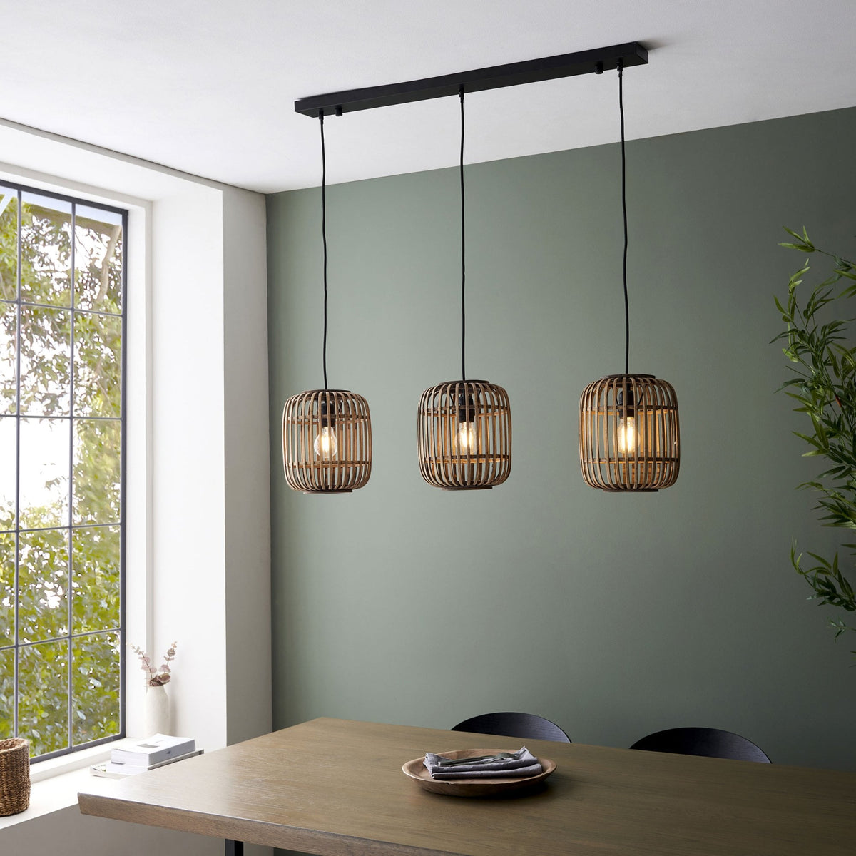 Mathias Triple Drop Linear Pendant with Light Bamboo Cages
