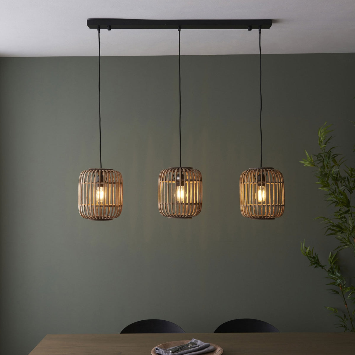 Mathias Triple Drop Linear Pendant with Light Bamboo Cages