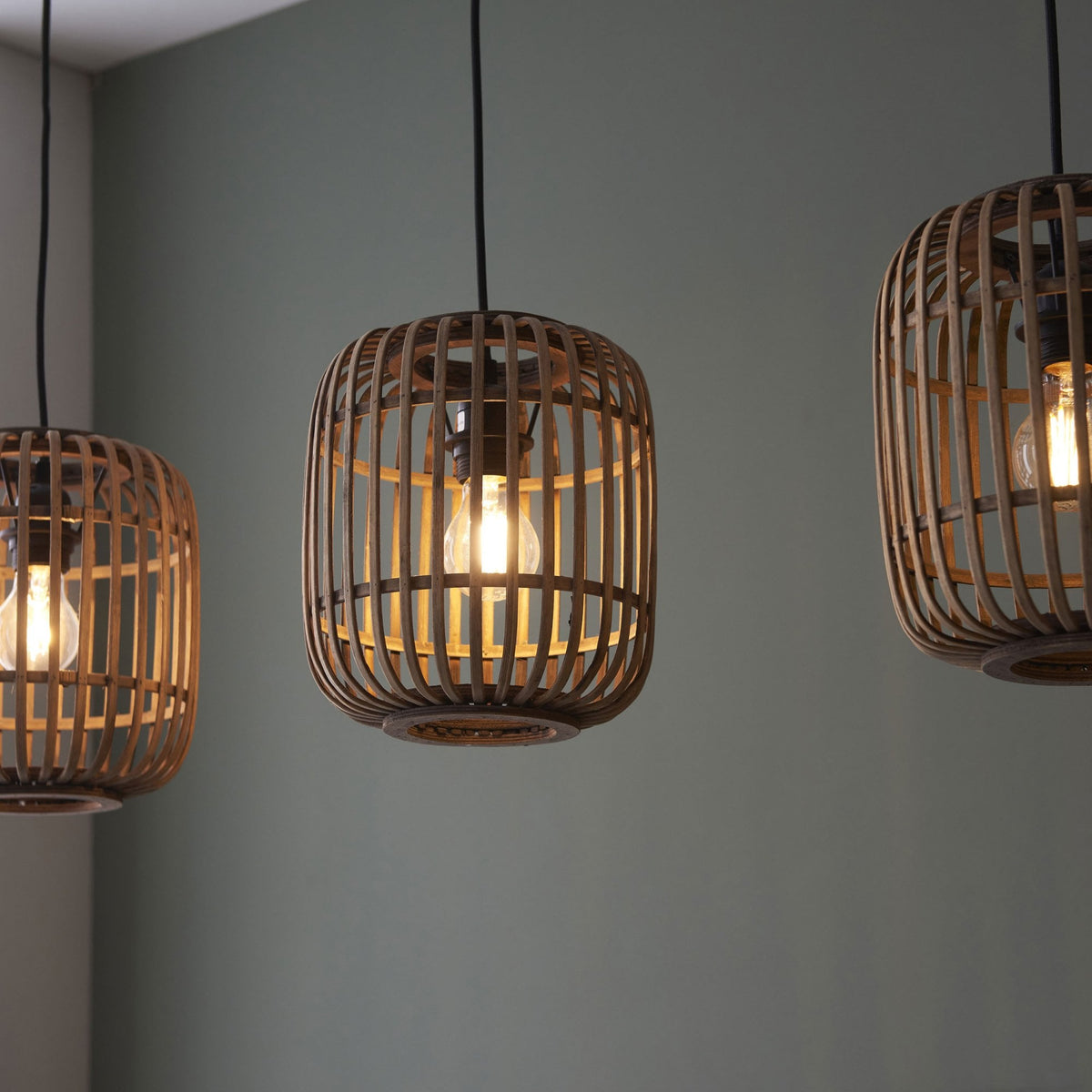 Mathias Triple Drop Linear Pendant with Light Bamboo Cages